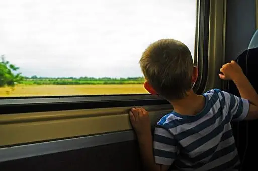 Dziecko wygląda przez okno jadącego pociągu.